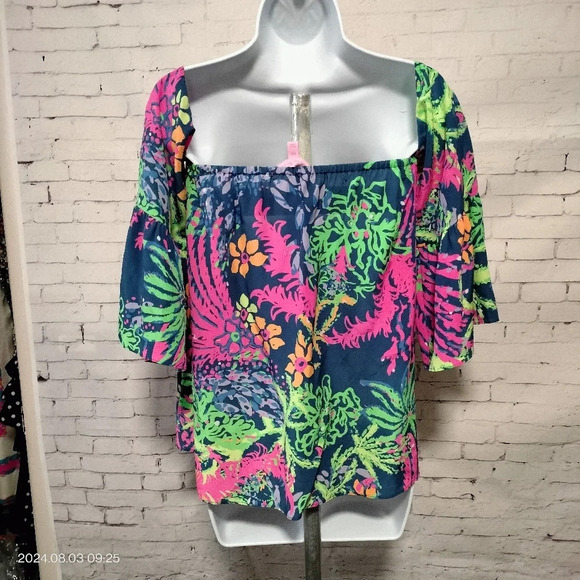 Lilly Pulitzer Nevie off the shoulder Silk top Blouse Boho Lightweight Size XXS - Picture 4 of 9